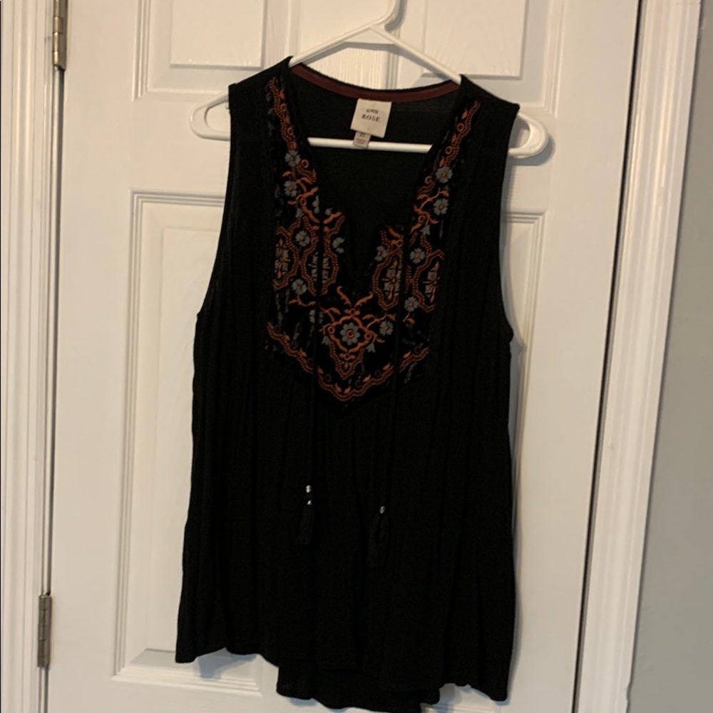 Knox Rose Black Tank Top with Orange and Blue Embroidery